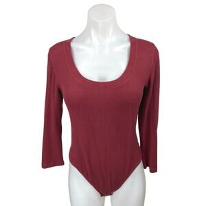 Free People Hi Hon Wine Red Rib Knit Long Sleeve Scoop Neck Thong Bodysuit Top M